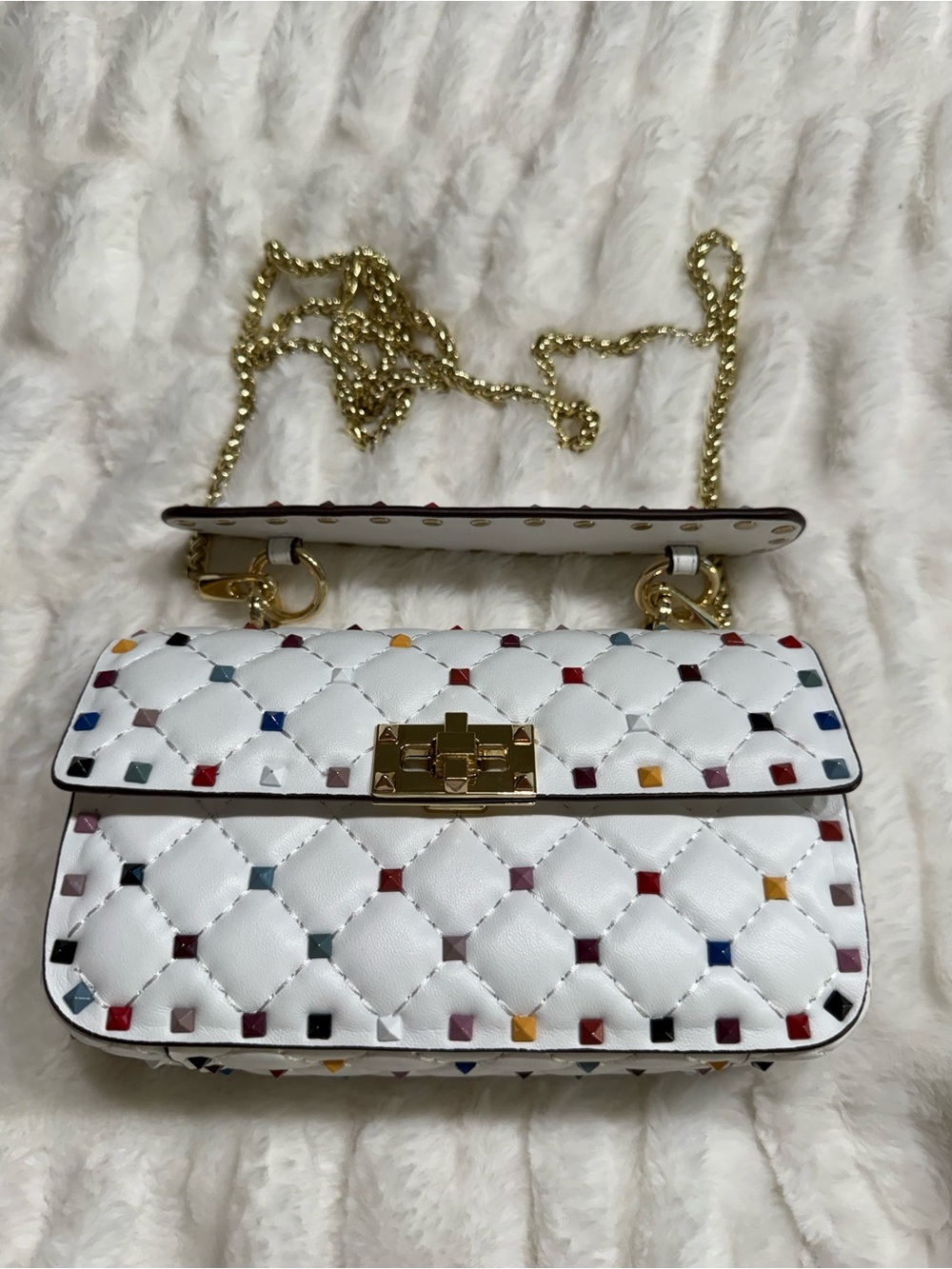 Tiffany and Fred Paris White Quilted Crossbody Bag with Multicolor Stud Accents